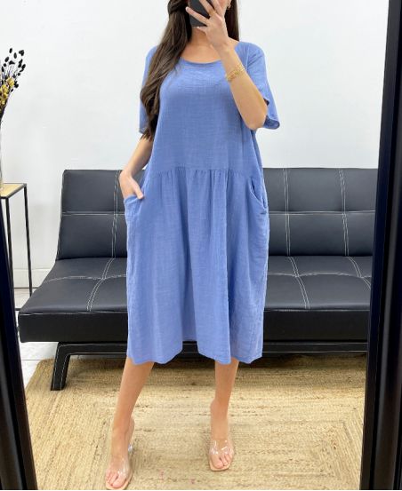 2-TASCHEN-KLEID AUS BAUMWOLLGAZE PE1104 BLAU
