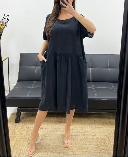 2-POCKET-KLEID AUS BAUMWOLLGAZE PE1104 SCHWARZ