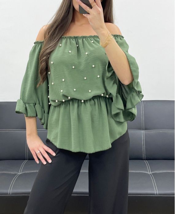 PE0007 PERŁOWY TOP W KOLORZE KHAKI