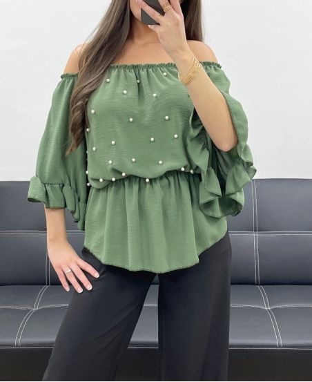PE0007 PERŁOWY TOP W KOLORZE KHAKI