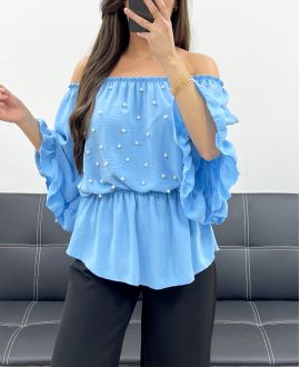 PE0007 TOP CELESTE CON PERLINE