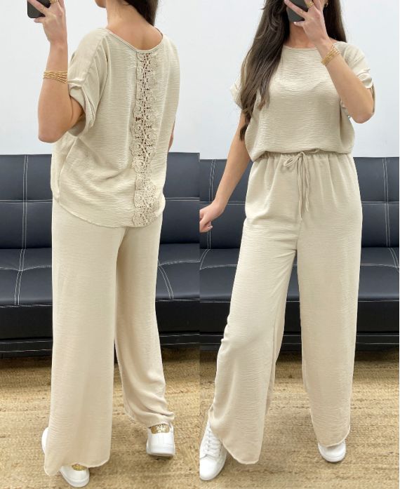 TOP TRASERO DE ENCAJE + PE0001 CONJUNTO DE PANTALONES BEIGE
