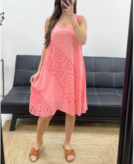 MIT BAUMWOLLSPITZE GEFÜTTERTES KLEID PE1174 CORAL