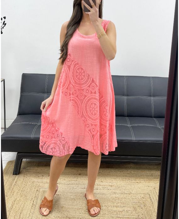COTTON LACE LINED DRESS PE1174 CORAL