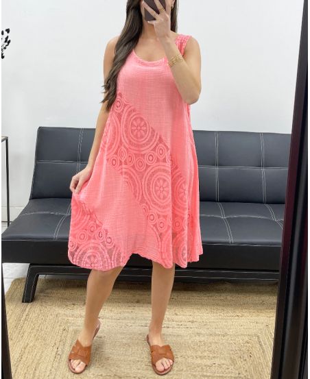 MIT BAUMWOLLSPITZE GEFÜTTERTES KLEID PE1174 CORAL