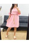 SUKIENKA OVERSIZE W KWIATY PASEK SPINKI PE882 RÓŻOWY