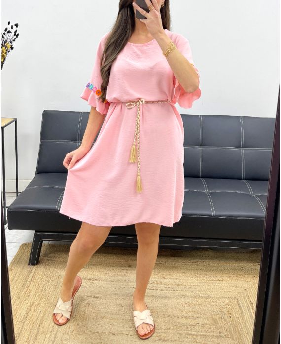 SUKIENKA OVERSIZE W KWIATY PASEK SPINKI PE882 RÓŻOWY