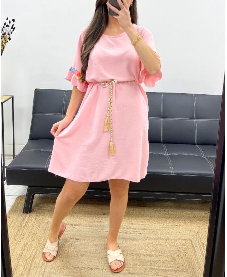 SUKIENKA OVERSIZE W KWIATY PASEK SPINKI PE882 RÓŻOWY