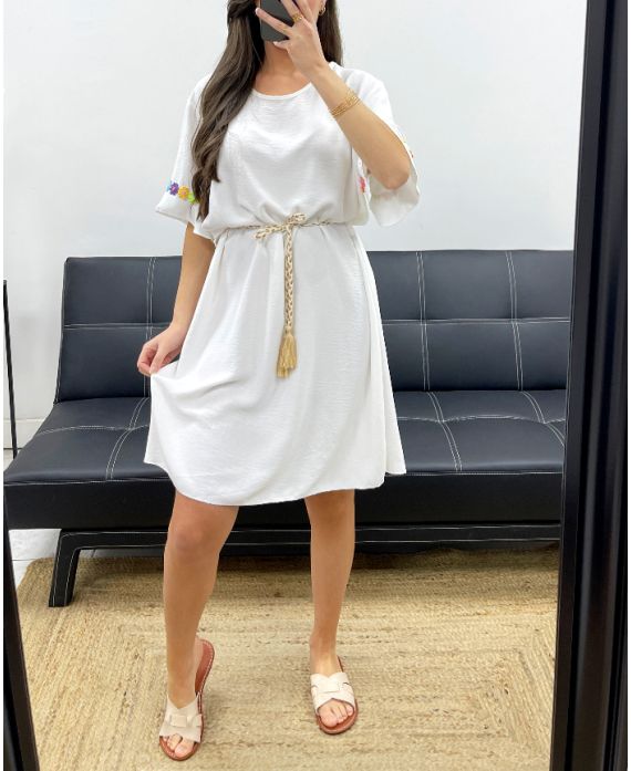 OVERSIZE-KLEID BLUMENGÜRTEL GLIED PE882 WEISS