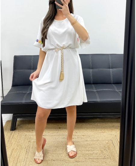 OVERSIZE-KLEID BLUMENGÜRTEL GLIED PE882 WEISS