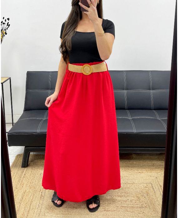 FLOWING LONG SKIRT + BELT PE0222 RED