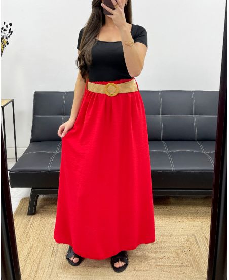 FLOWING LONG SKIRT + BELT PE0222 RED