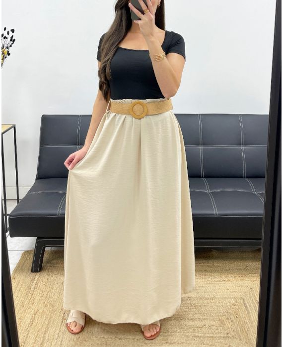 VLOEIENDE LANGE ROK + RIEM PE0222 BEIGE