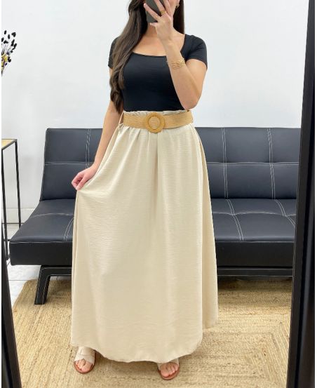 JUPE LONGUE FLUIDE + CEINTURE PE0222 BEIGE