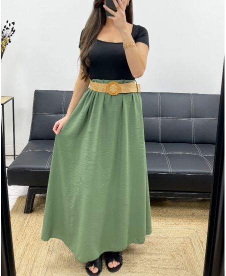 LONG FLOWING SKIRT + BELT PE0222 KHAKI