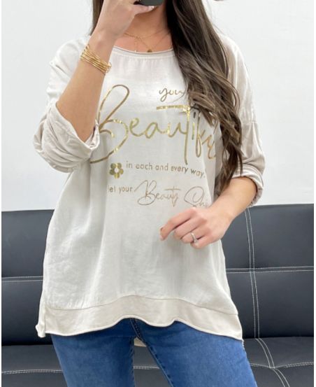 TWO-MATERIAL COTTON-LINEN T-SHIRT ECRITURE GOLD PE0762 BEIGE