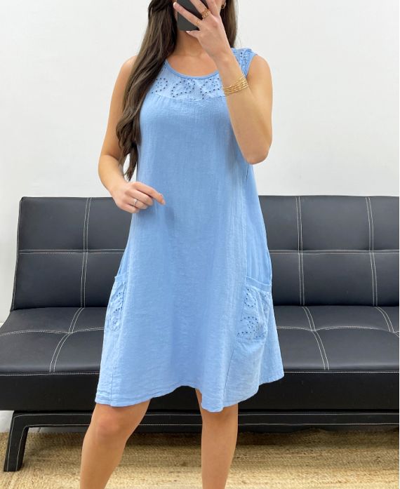 THICK COTTON DRESS WITH EMBROIDERED RIB EMBROIDERY PE1028 SKY BLUE