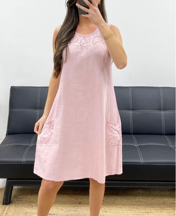 ABITO IN COTONE SPESSO CON RICAMO A COSTINE RICAMATO PE1028 ROSA
