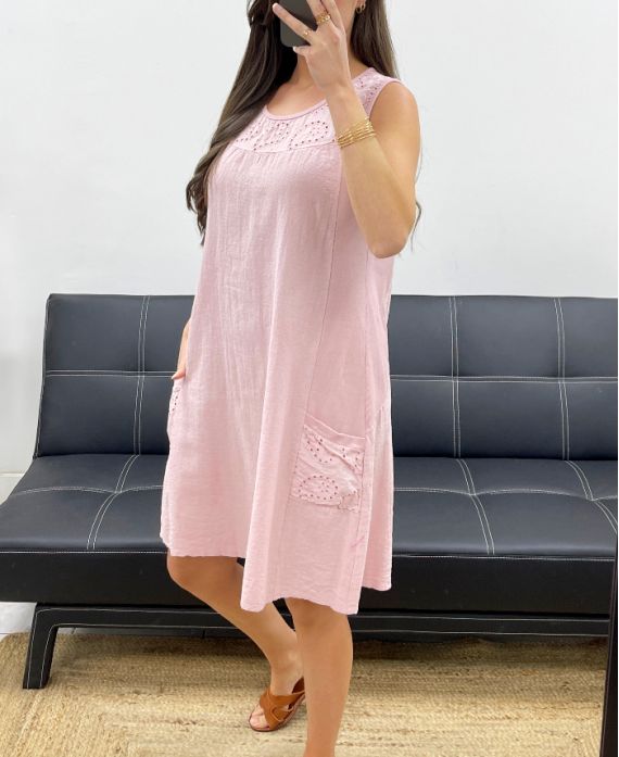 DICKES BAUMWOLLKLEID MIT GESTICKTER RIPPSTICKEREI PE1028 ROSA