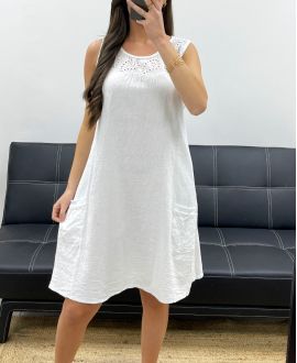 THICK COTTON DRESS WITH EMBROIDERED RIB EMBROIDERY PE1028 WHITE