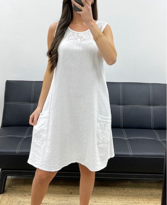 THICK COTTON DRESS WITH EMBROIDERED RIB EMBROIDERY PE1028 WHITE