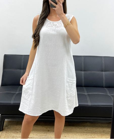 THICK COTTON DRESS WITH EMBROIDERED RIB EMBROIDERY PE1028 WHITE