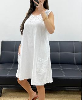 DICKES BAUMWOLLKLEID MIT GESTICKTER RIPPSTICKEREI PE1028 WEISS
