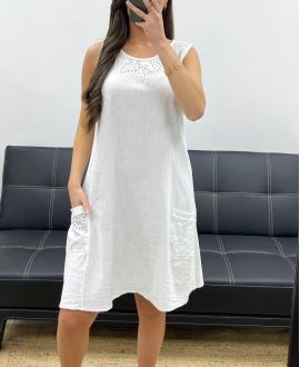 ABITO IN COTONE SPESSO CON RICAMO A COSTINE RICAMATO PE1028 BIANCO