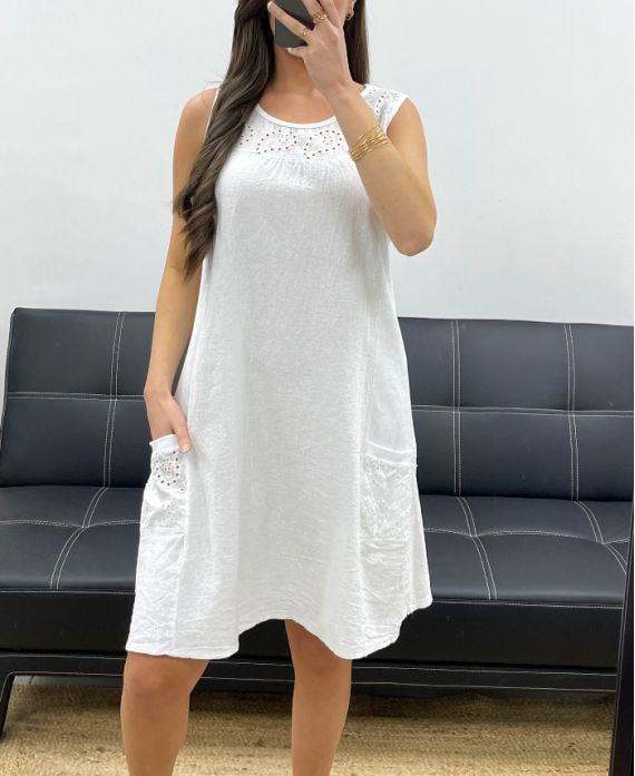 DICKES BAUMWOLLKLEID MIT GESTICKTER RIPPSTICKEREI PE1028 WEISS