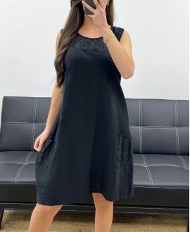 THICK COTTON DRESS WITH EMBROIDERED RIB EMBROIDERY PE1028 BLACK