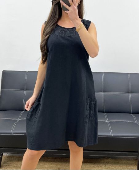 ABITO IN COTONE SPESSO CON RICAMO A COSTINE RICAMATO PE1028 NERO
