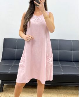 THICK COTTON DRESS WITH EMBROIDERED RIB EMBROIDERY PE1028 PINK