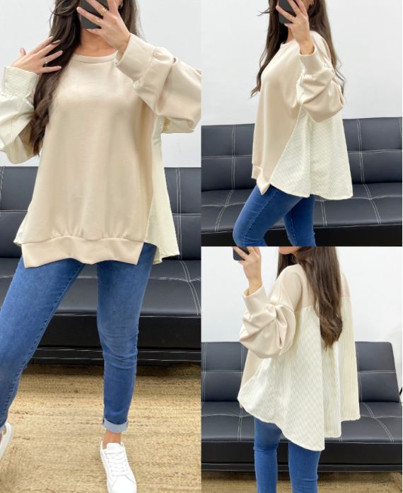 SWETER OVERSIZE Z BIMATERIAŁU PE1144 BEŻOWY
