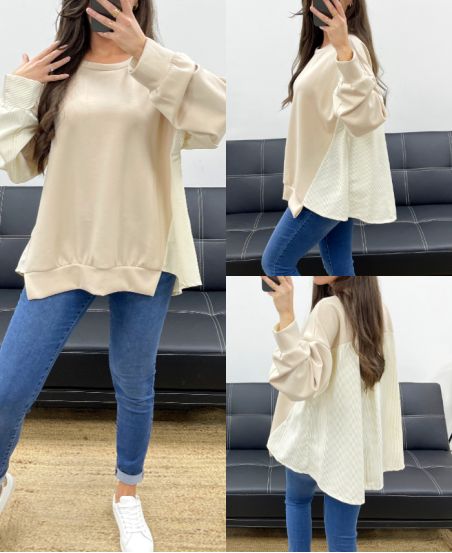 SWETER OVERSIZE Z BIMATERIAŁU PE1144 BEŻOWY