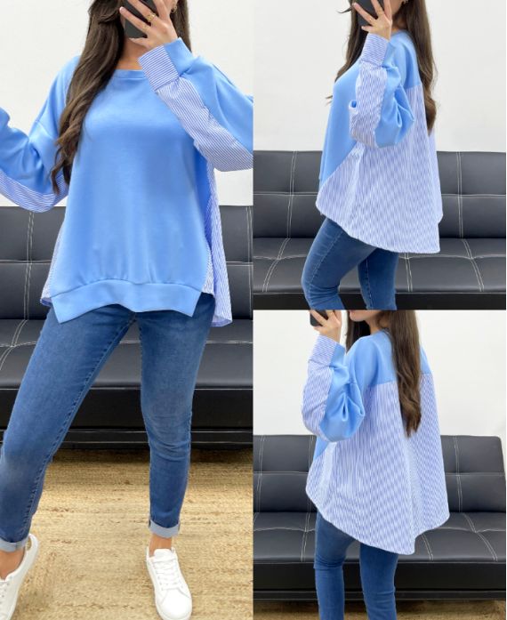 BLUZA OVERSIZE Z BIMATERIAŁU SS1144 SKY BLUE