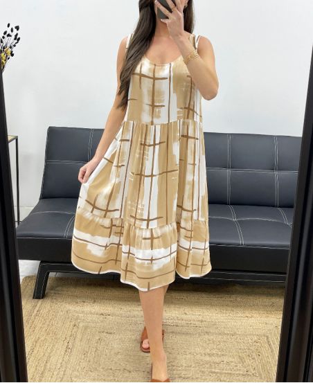 ABITO OVERSIZE IN VISCOSA STAMPATA PE1038 BEIGE