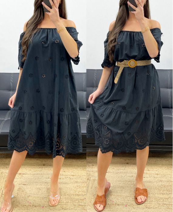 KLEID AUS BAUMWOLLE MIT ÖSEN PE1122 SCHWARZ