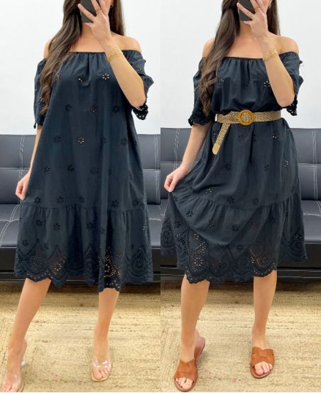 KLEID AUS BAUMWOLLE MIT ÖSEN PE1122 SCHWARZ