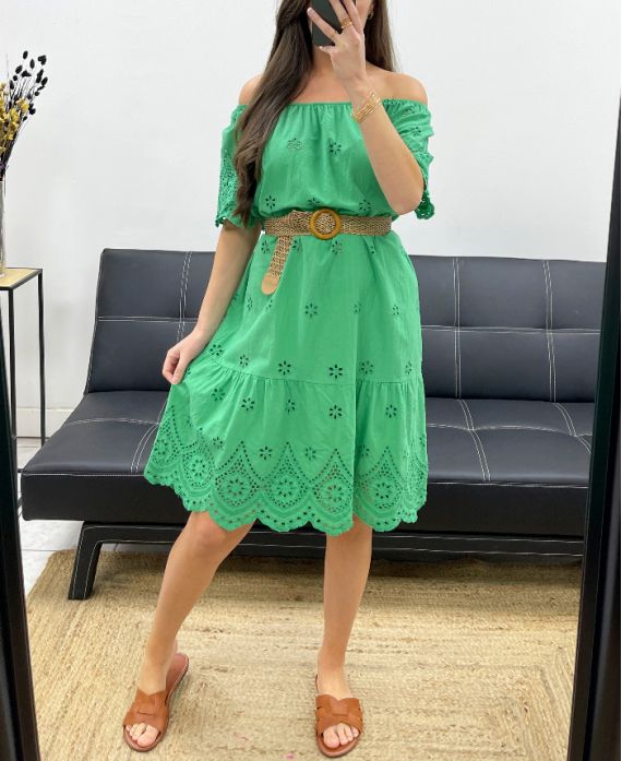 BAUMWOLLE BRODERIE ANGLAISE KLEID PE1122 GRÜN