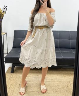 KLEID AUS BAUMWOLLE MIT ÖSEN PE1122 BEIGE