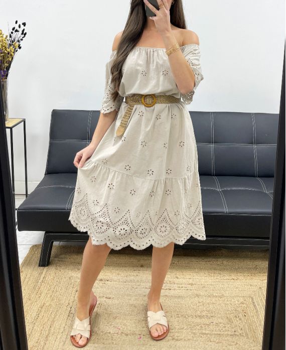 KLEID AUS BAUMWOLLE MIT ÖSEN PE1122 BEIGE