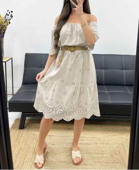 KLEID AUS BAUMWOLLE MIT ÖSEN PE1122 BEIGE