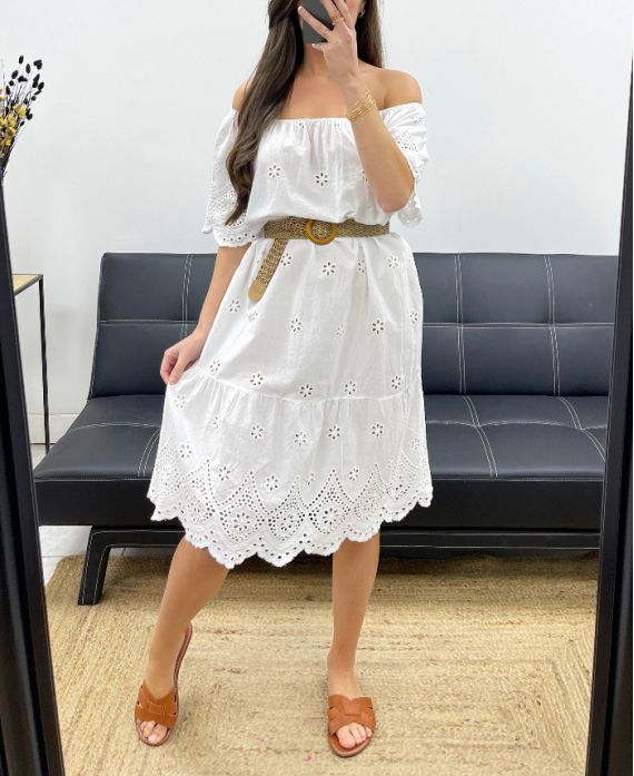 KLEID AUS BAUMWOLLE MIT ÖSEN PE1122 WEISS