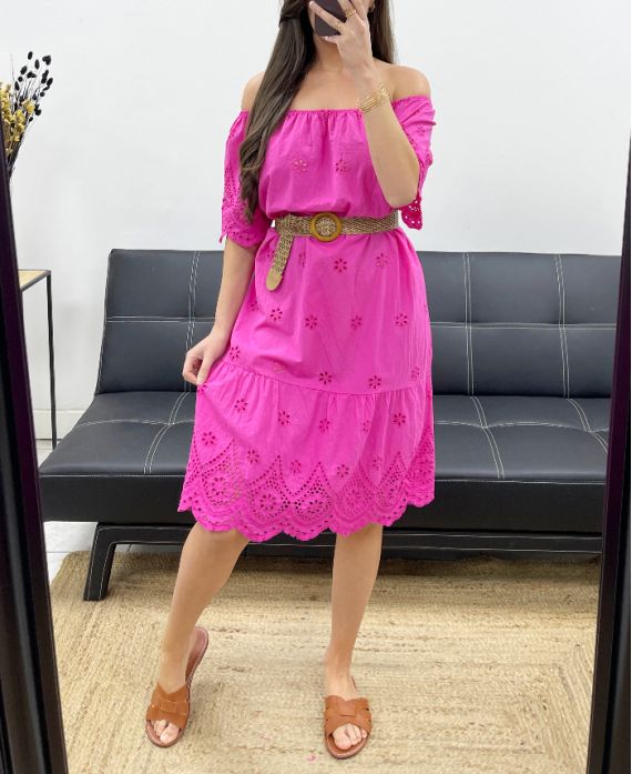 BAUMWOLLE BRODERIE ANGLAISE KLEID PE1122 FUSHIA