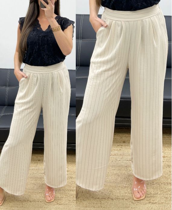 STRIPED WIDE LEG TROUSERS PE1289 BEIGE