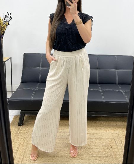 PANTALONE A RIGHE GAMBA LARGA PE1289 BEIGE