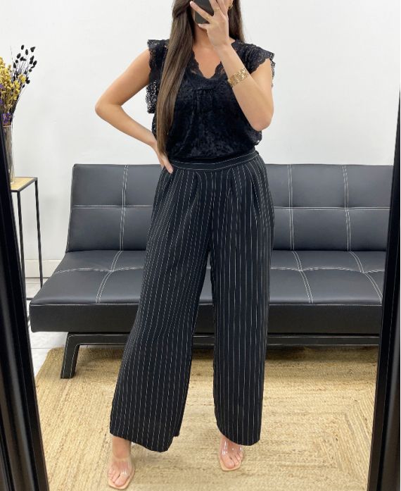 PANTALONE A RIGHE GAMBA LARGA PE1289 NERO