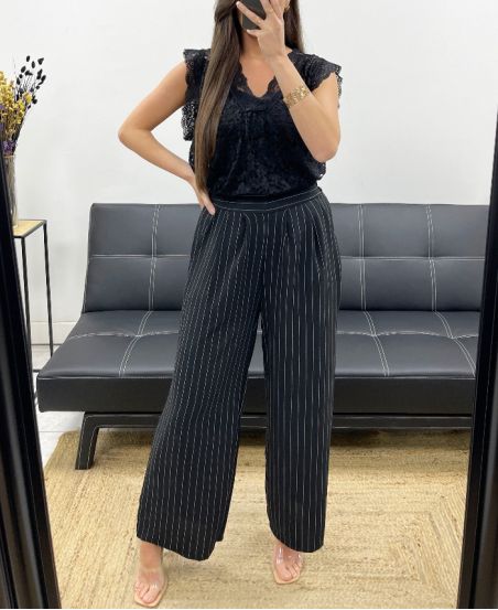 GESTREIFTE HOSE MIT WEITEM BEIN PE1289 SCHWARZ