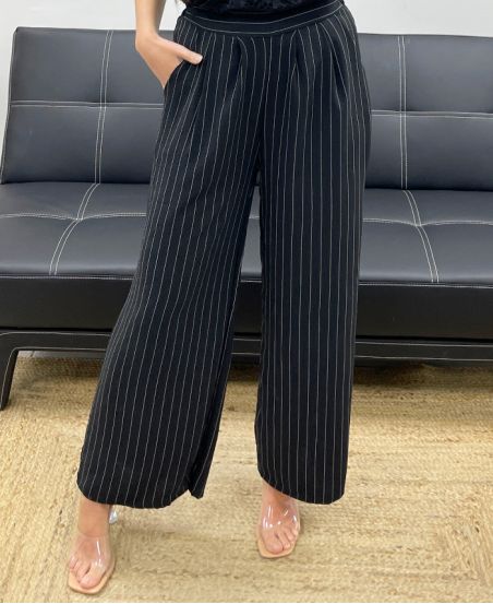 GESTREEPTE BROEK MET WIJDE PIJPEN PE1289 ZWART