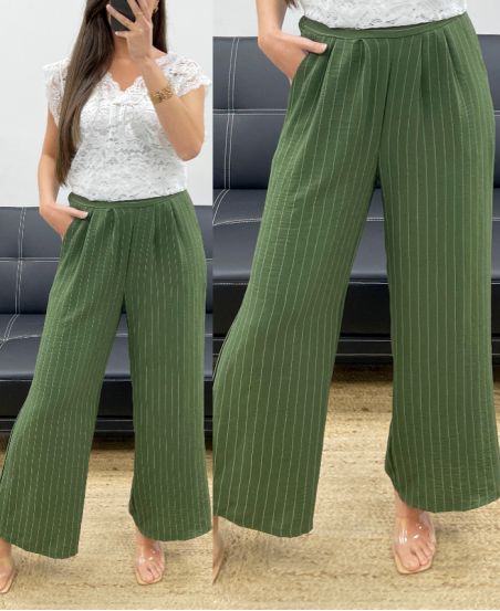 PANTALONE A RIGHE GAMBA LARGA PE1289 KHAKI